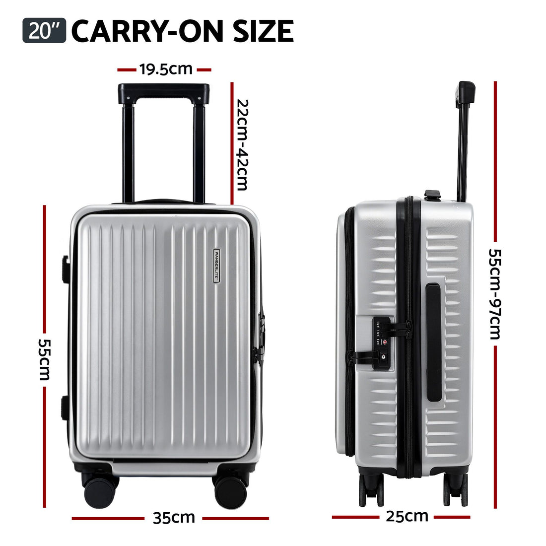 Wanderlite 20" Luggage Suitcase Front Pocket Travel Carry On Dual TSA Silver-Home &amp; Garden > Travel > Suitcases-PEROZ Accessories