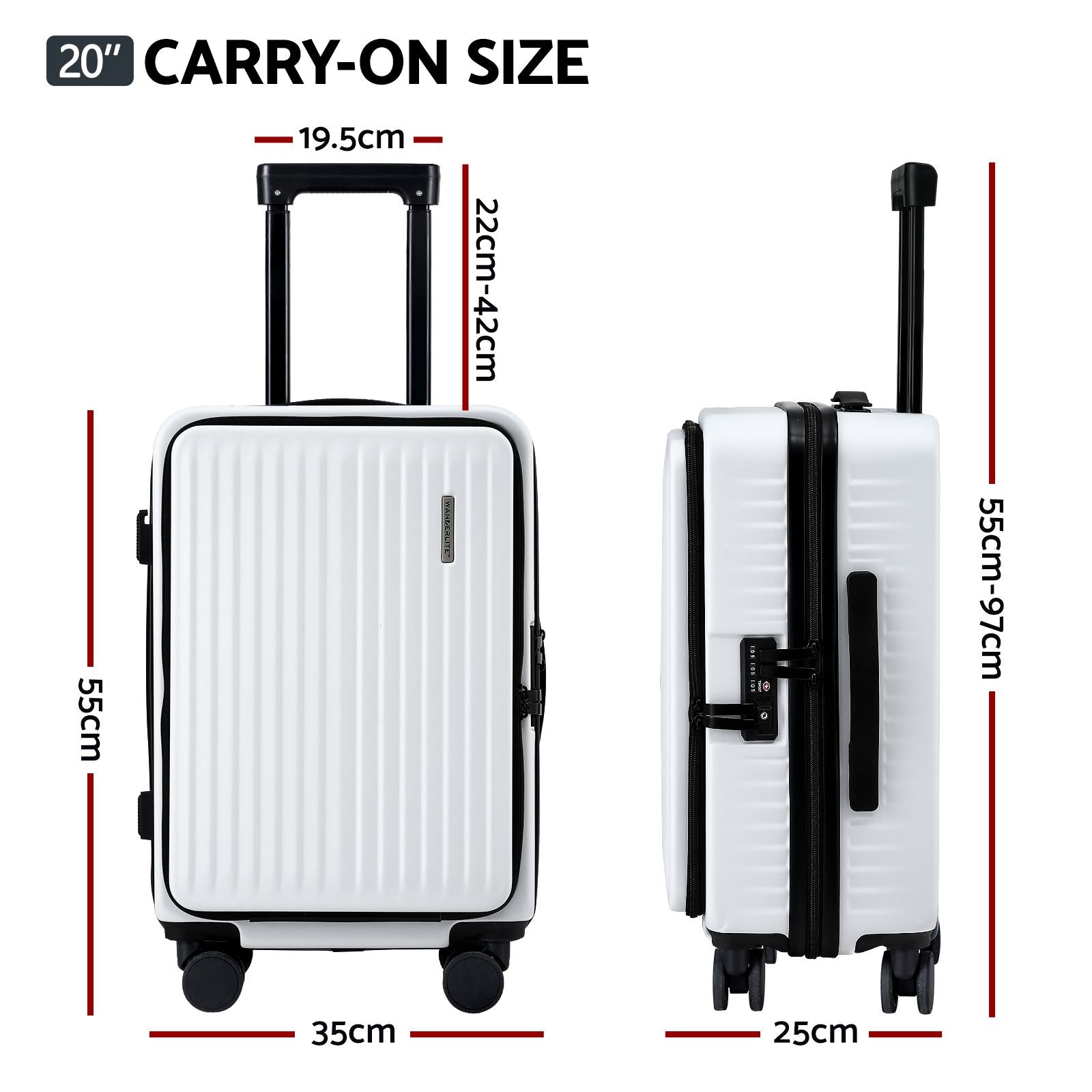 Wanderlite 20" Luggage Suitcase Front Pocket Travel Carry On Dual TSA White-Home &amp; Garden > Travel > Suitcases-PEROZ Accessories