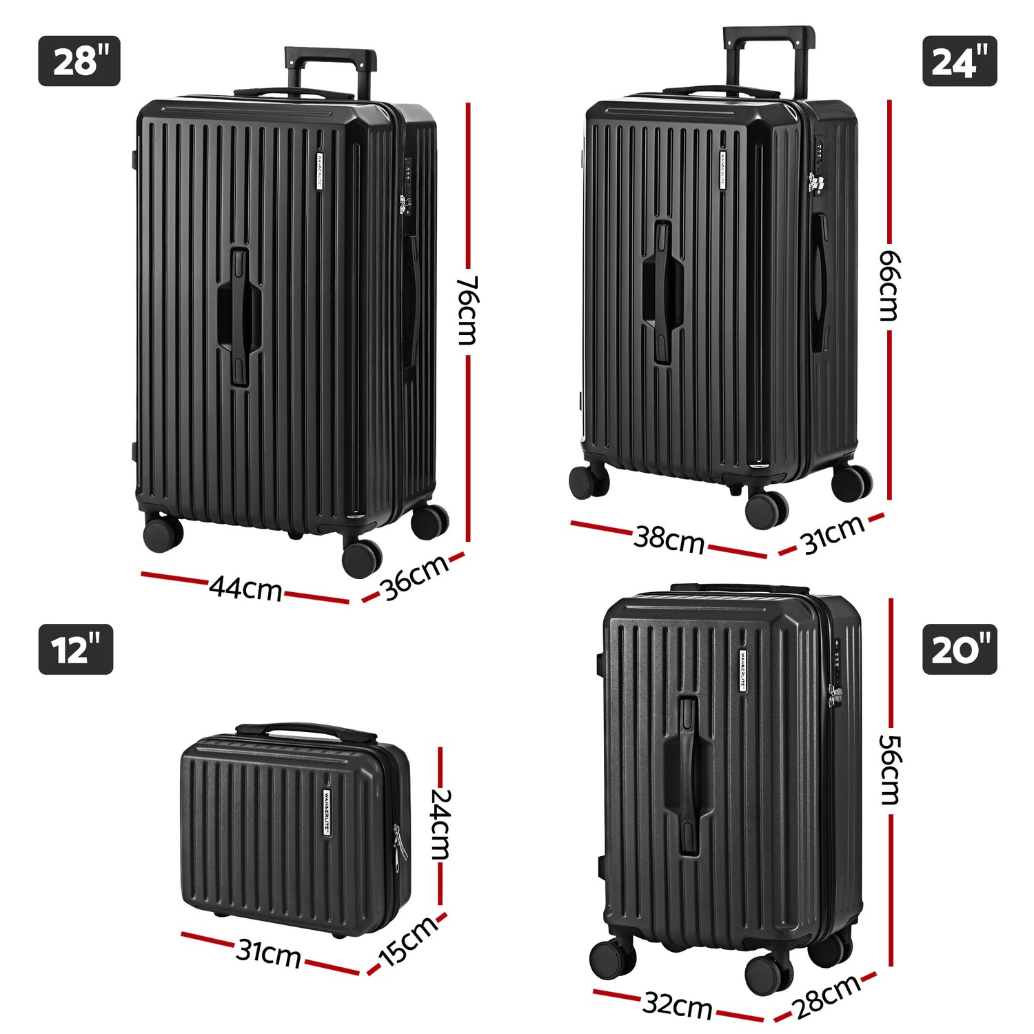 Wanderlite 4pcs Trunk Luggage Suitcase Set Travel Carry On TSA Lock Black-Home &amp; Garden > Travel > Suitcases-PEROZ Accessories