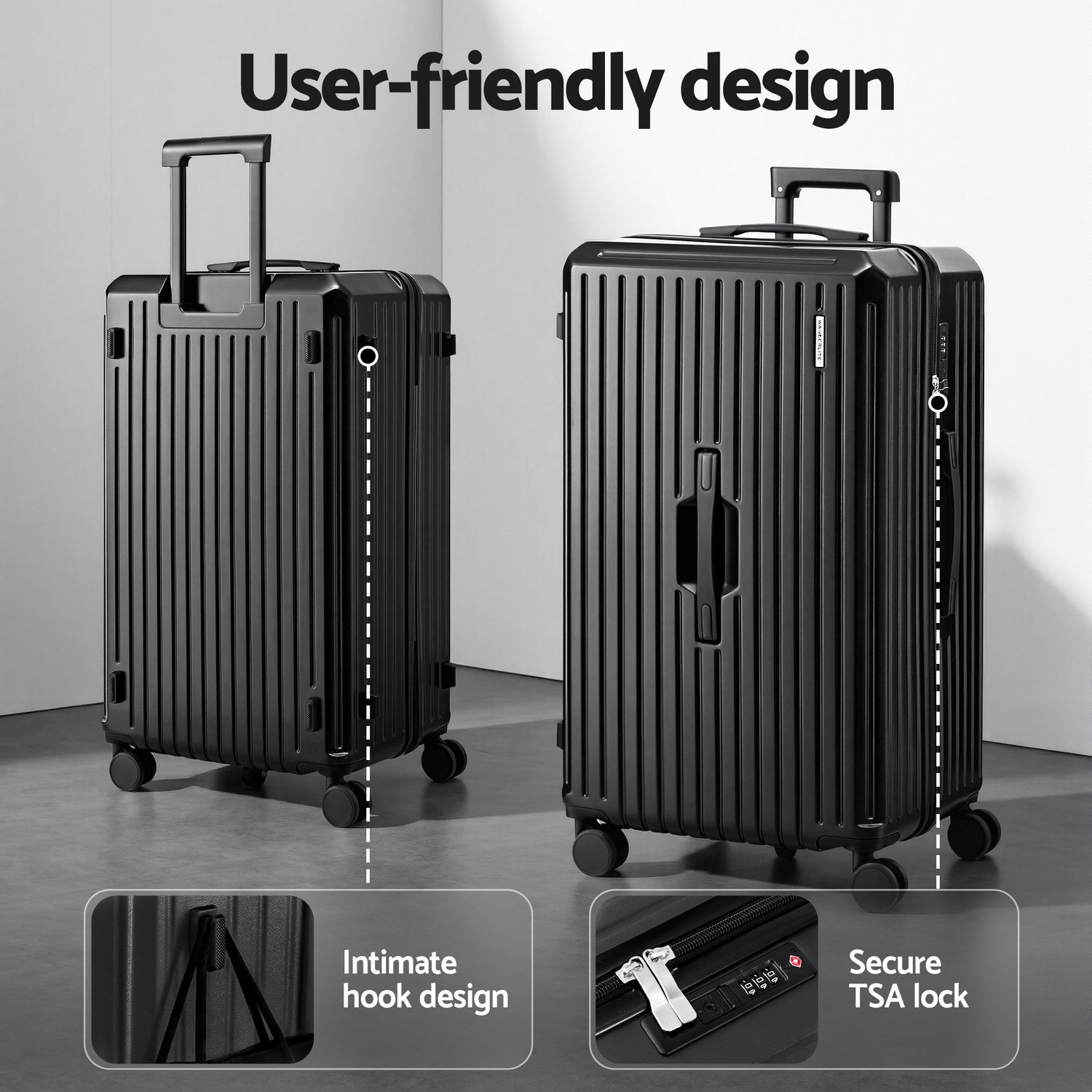 Wanderlite 4pcs Trunk Luggage Suitcase Set Travel Carry On TSA Lock Black-Home &amp; Garden > Travel > Suitcases-PEROZ Accessories