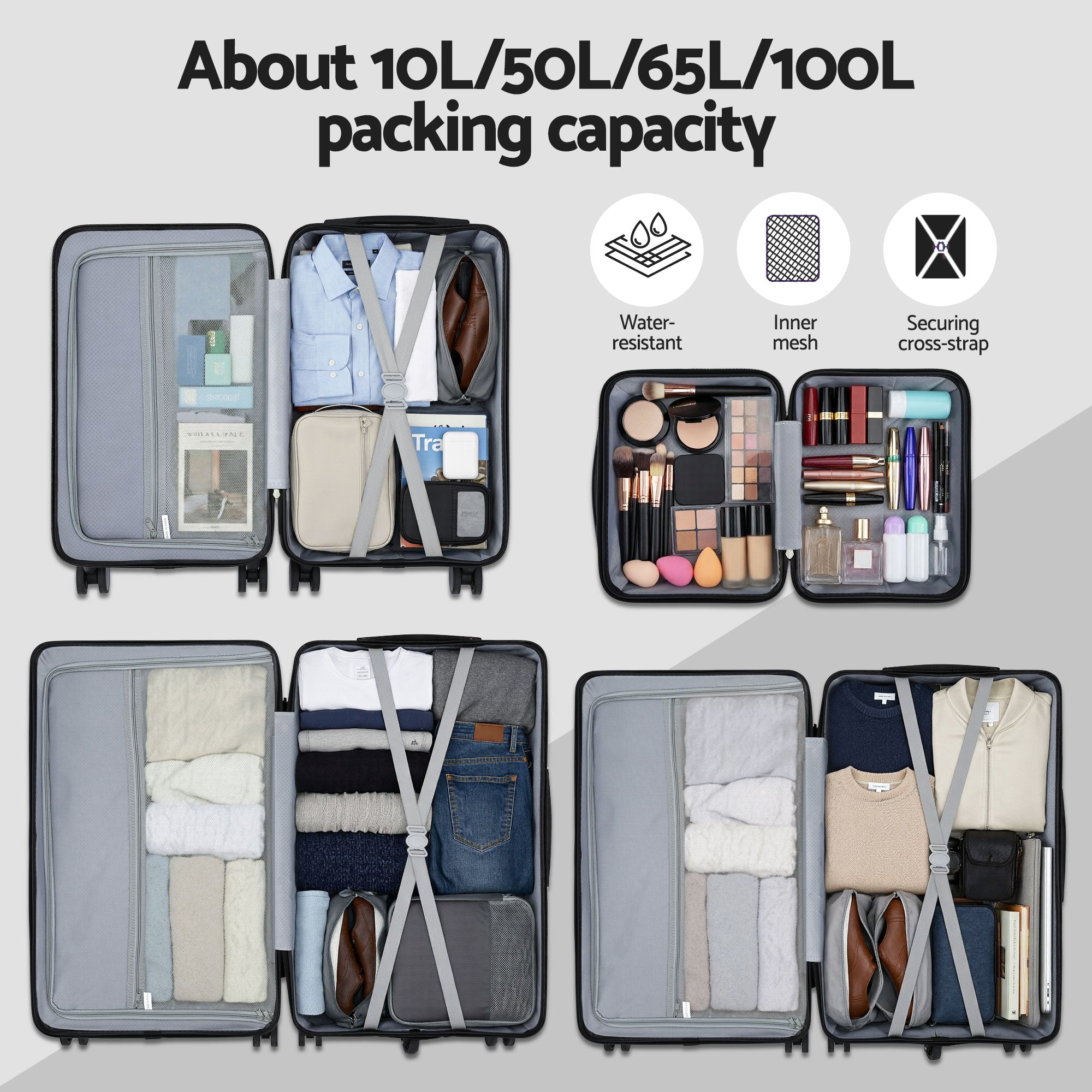 Wanderlite 4pcs Trunk Luggage Suitcase Set Travel Carry On TSA Lock Black-Home &amp; Garden > Travel > Suitcases-PEROZ Accessories