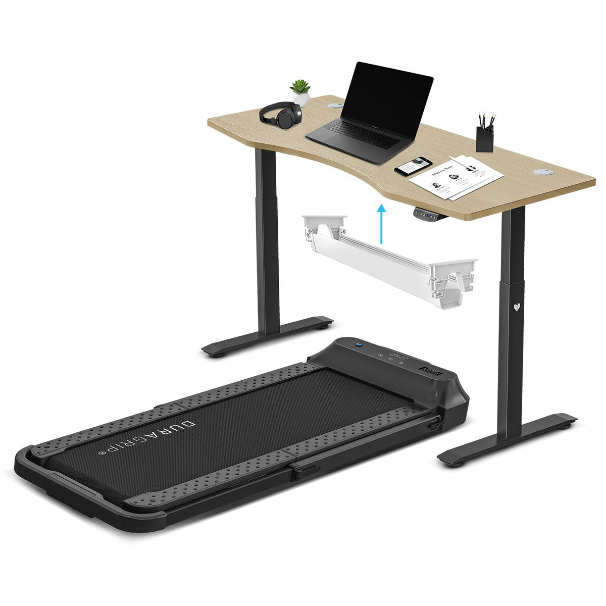 Lifespan Fitness V-FOLD Treadmill with ErgoDesk Automatic Standing Desk 1500mm in Oak/Black with Cable Management-Walking Pad-PEROZ Accessories