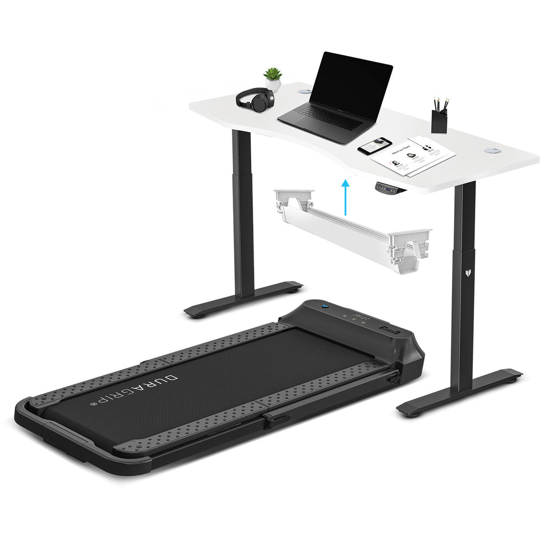 Lifespan Fitness V-FOLD Treadmill with ErgoDesk Automatic Standing Desk 1500mm in White/Black with Cable Management-Walking Pad-PEROZ Accessories