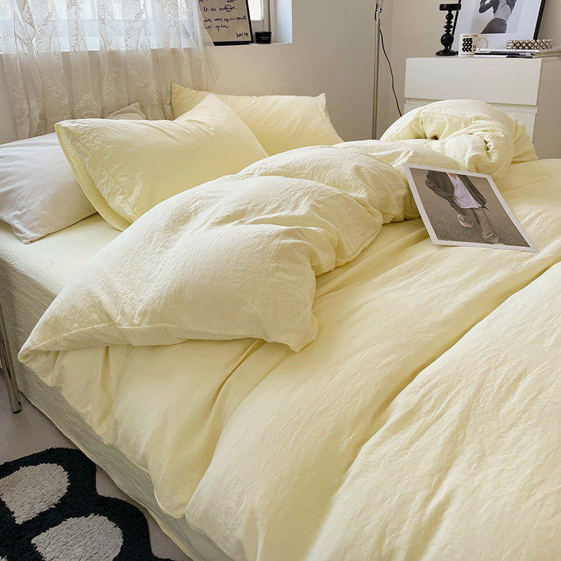 Light-yellow Solid Color Solid Color Solid Color 1.5m Bed Fitted Sheet Set with 200x230cm Duvet Cover - 4-Piece Bedding Set-Home &amp; Garden > Bedding > Bed Sheets-PEROZ Accessories