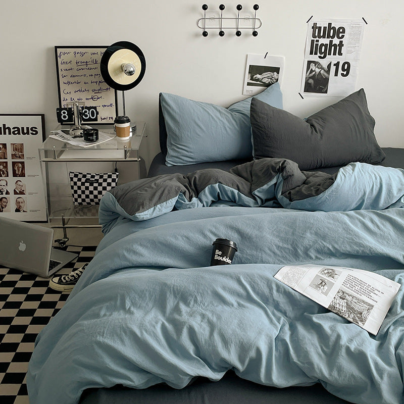 Lightblue-grey 1.5m Bed Fitted Sheet Set with 200x230cm Duvet Cover - 4-Piece Bedding Set-Home &amp; Garden > Bedding > Bed Sheets-PEROZ Accessories