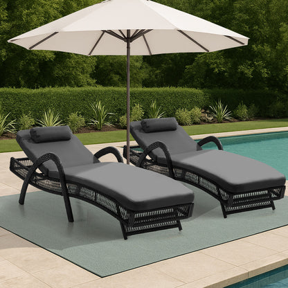 Livsip 2PCS Outdoor Sun Lounge Wicker Bed Patio Furniture Grey-Sun Lounge-PEROZ Accessories