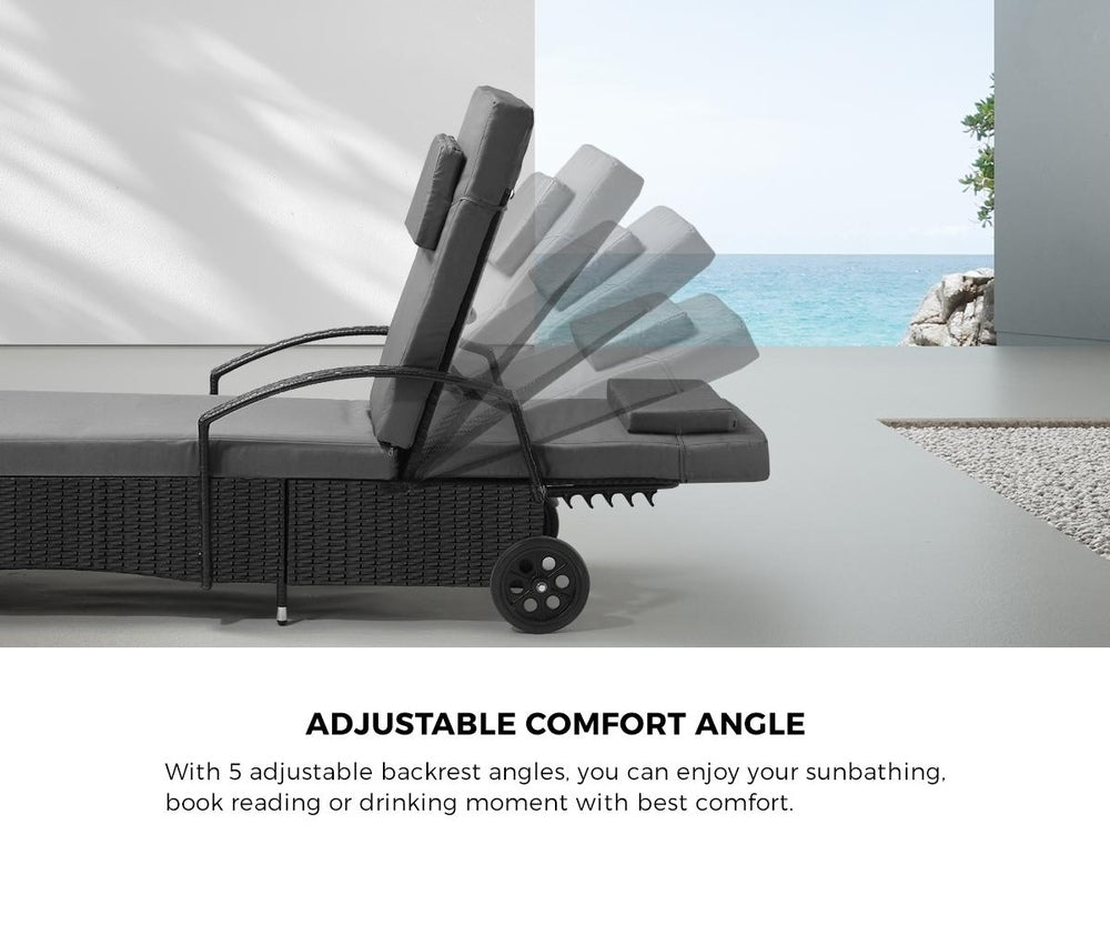 Livsip 2x Sun Lounge Adjustable Backrest Wicker Black-Sun Lounge-PEROZ Accessories