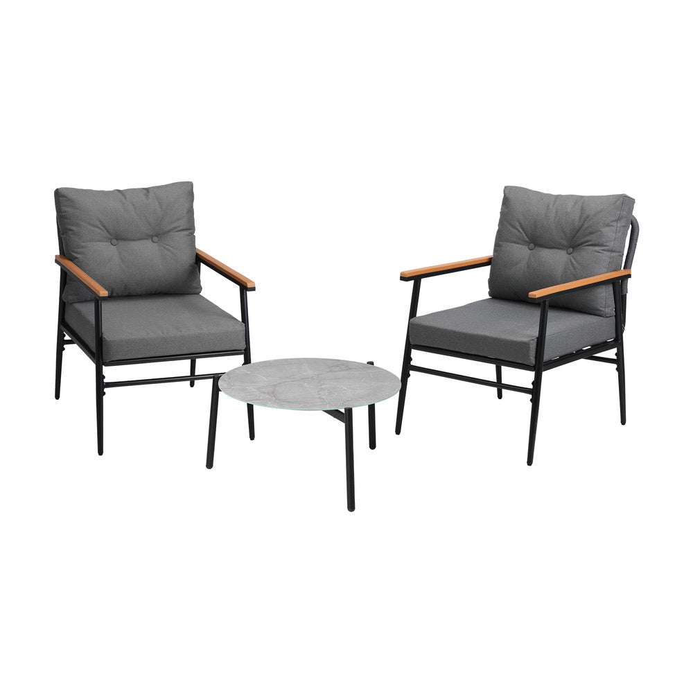 Livsip 3 Piece Outdoor Patio Set 50cm Table Grey and Black Armchair-Outdoor Patio Set-PEROZ Accessories