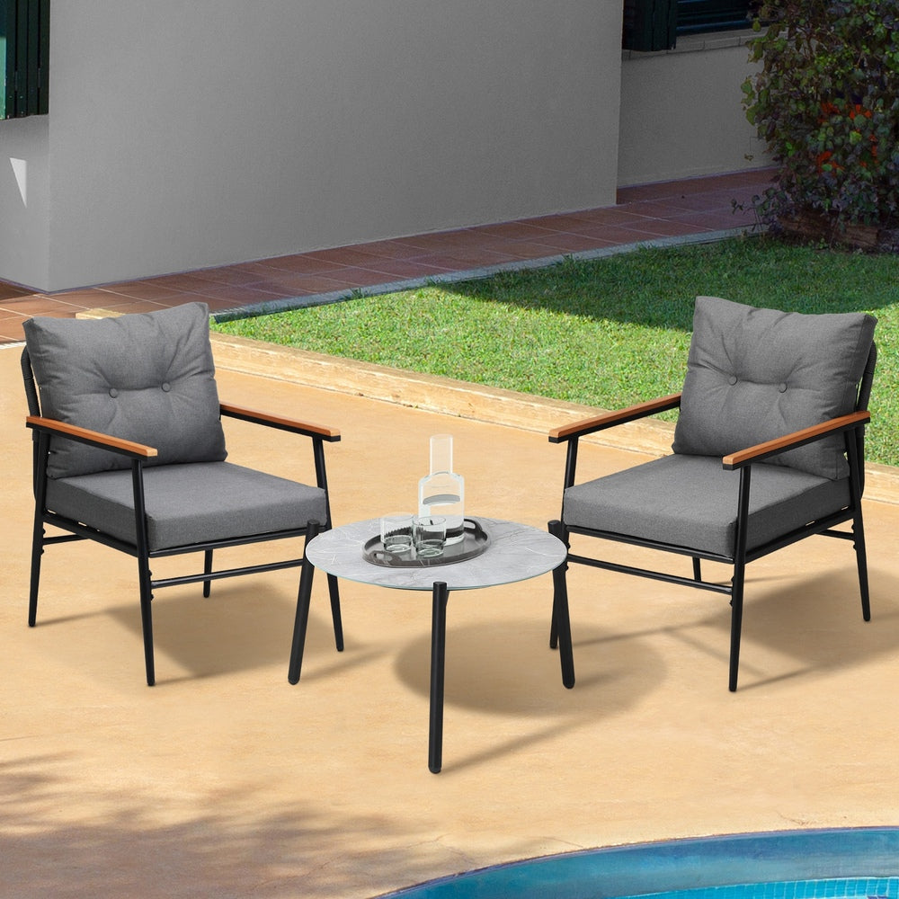 Livsip 3 Piece Outdoor Patio Set 50cm Table Grey and Black Armchair-Outdoor Patio Set-PEROZ Accessories