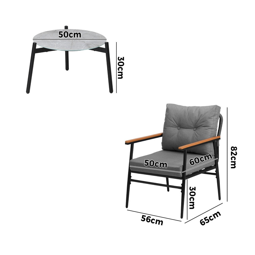 Livsip 3 Piece Outdoor Patio Set 50cm Table Grey and Black Armchair-Outdoor Patio Set-PEROZ Accessories