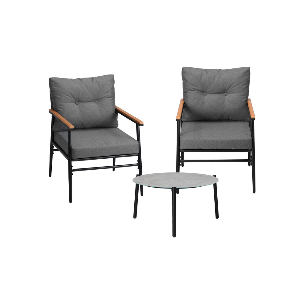 Livsip 3 Piece Outdoor Patio Set 50cm Table Grey and Black Armchair-Outdoor Patio Set-PEROZ Accessories