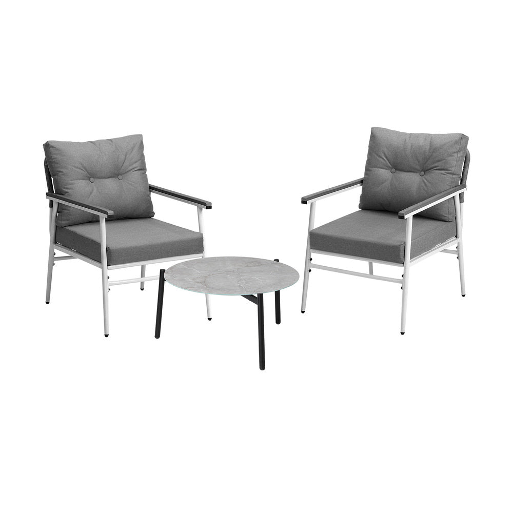 Livsip 3 Piece Outdoor Patio Set 50cm Table Grey and White Armchair-Outdoor Patio Set-PEROZ Accessories