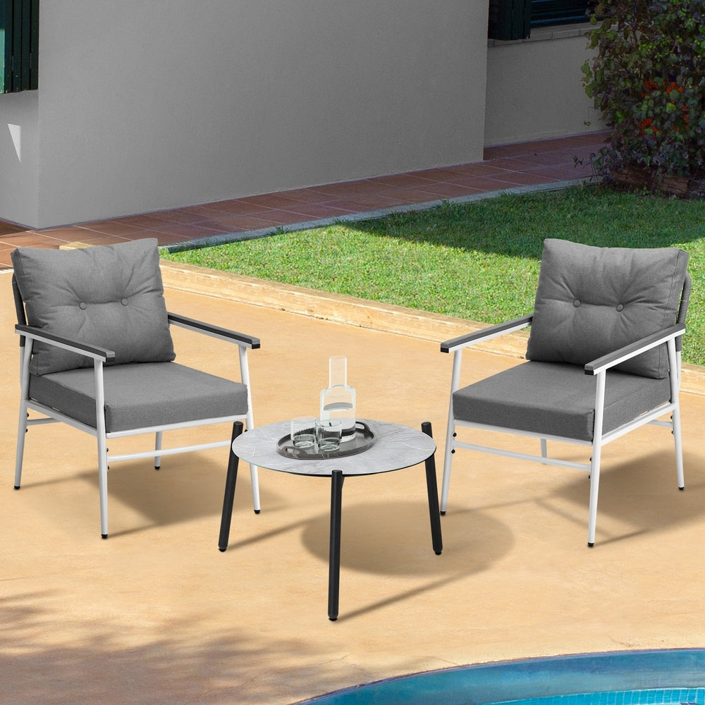 Livsip 3 Piece Outdoor Patio Set 50cm Table Grey and White Armchair-Outdoor Patio Set-PEROZ Accessories