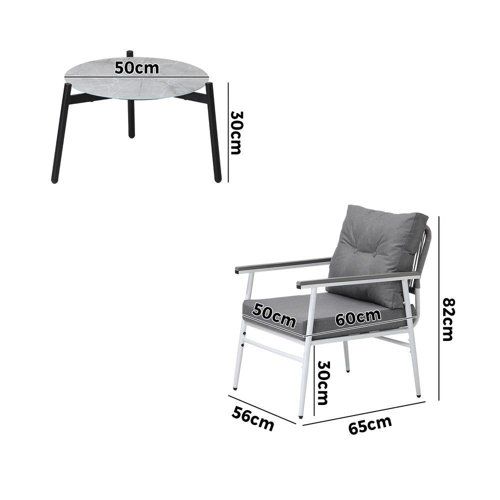 Livsip 3 Piece Outdoor Patio Set 50cm Table Grey and White Armchair-Outdoor Patio Set-PEROZ Accessories