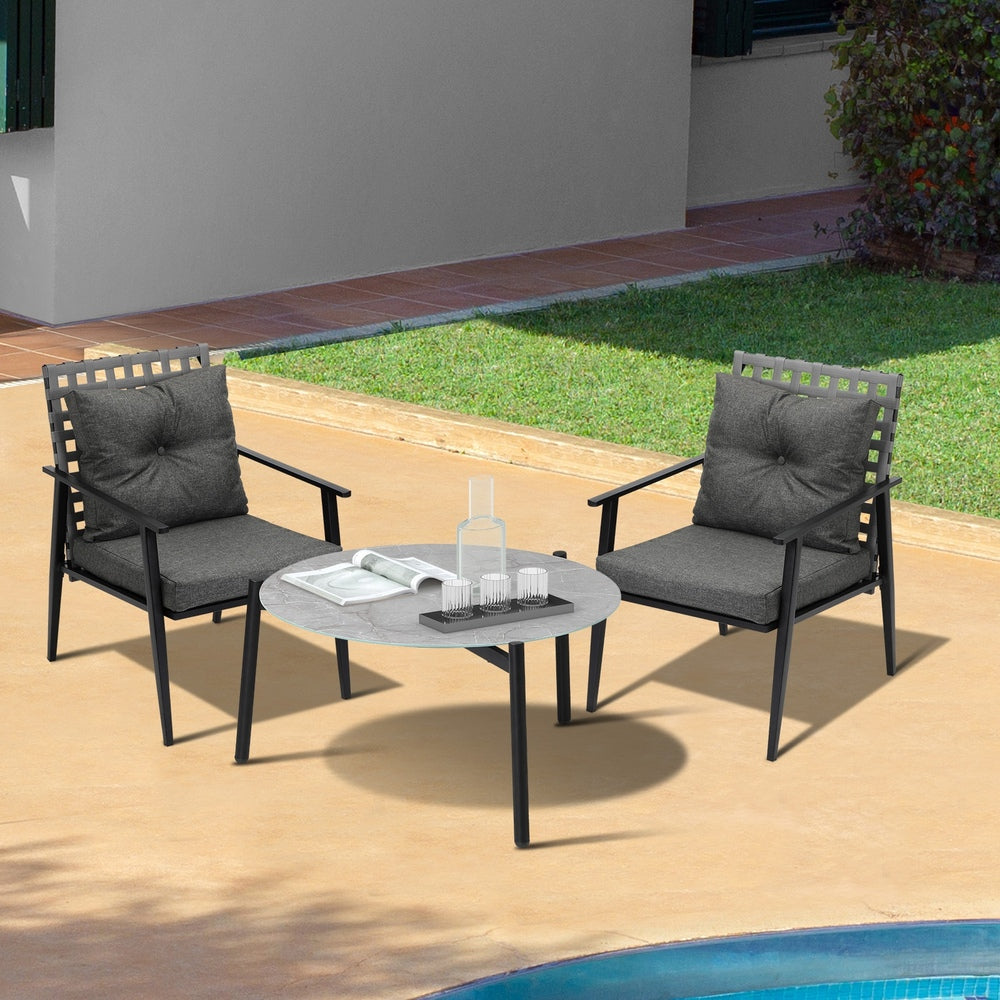 Livsip 3PC Outdoor Patio Set 70CM Grey Marble Table Rattan Chairs-Outdoor Patio Set-PEROZ Accessories