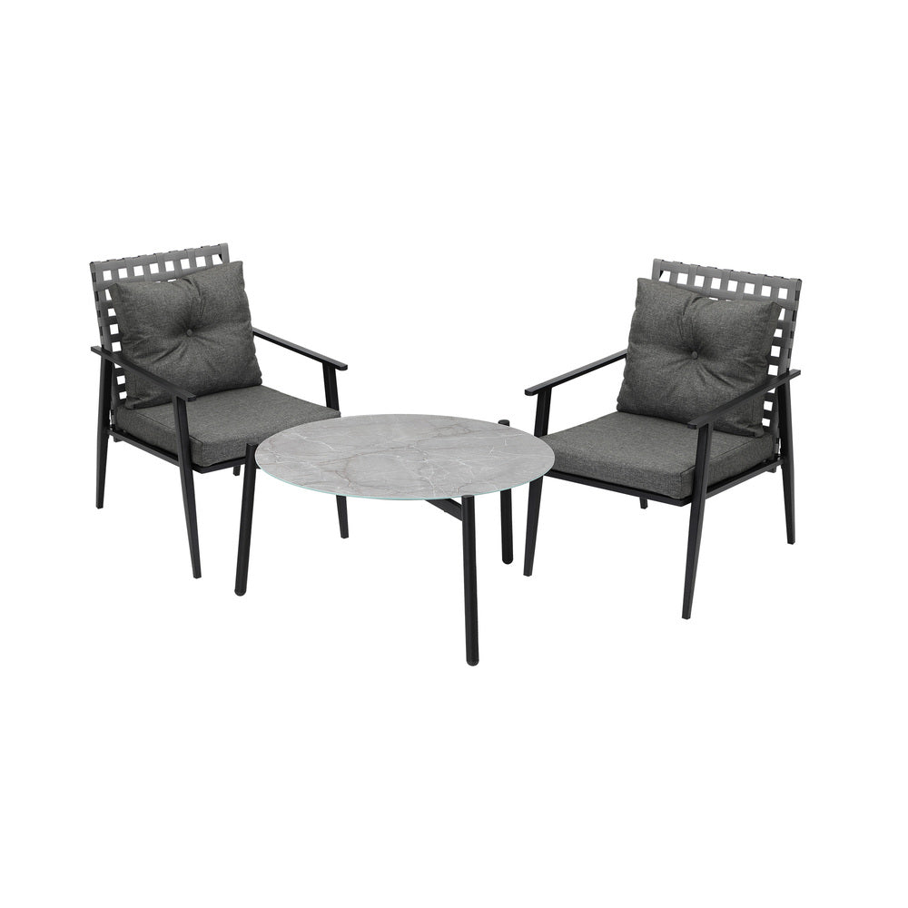 Livsip 3PC Outdoor Patio Set 70CM Grey Marble Table Rattan Chairs-Outdoor Patio Set-PEROZ Accessories