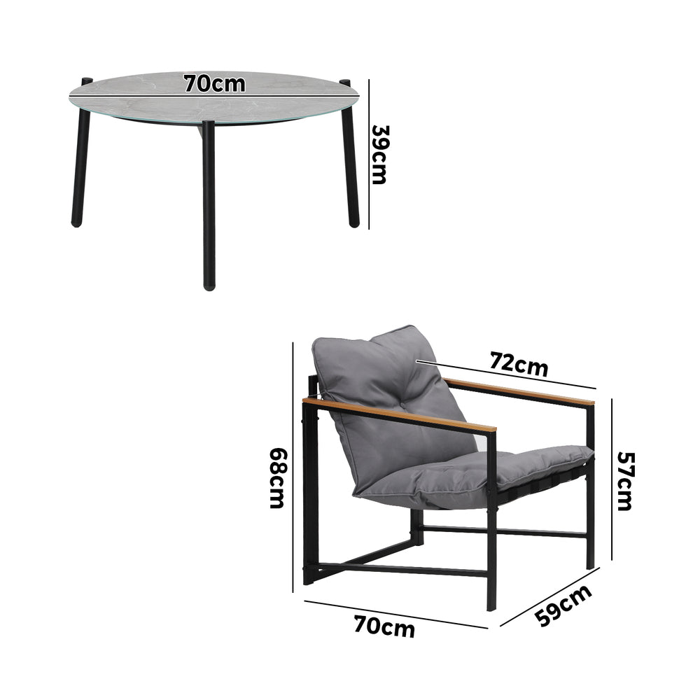 Livsip 3PC Outdoor Patio Set 70CM Round Table with 2 Armchairs-Outdoor Patio Set-PEROZ Accessories