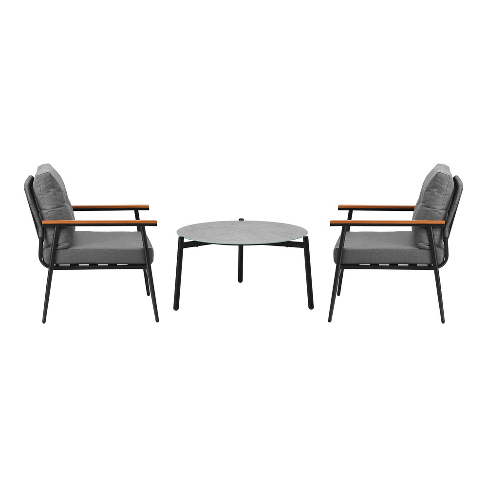 Livsip 3PC Outdoor Patio Set 70cm Table Grey and Black Armchairs-Outdoor Patio Set-PEROZ Accessories