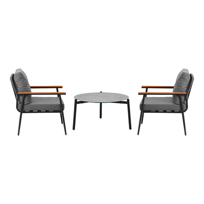 Livsip 3PC Outdoor Patio Set 70cm Table Grey and Black Armchairs-Outdoor Patio Set-PEROZ Accessories