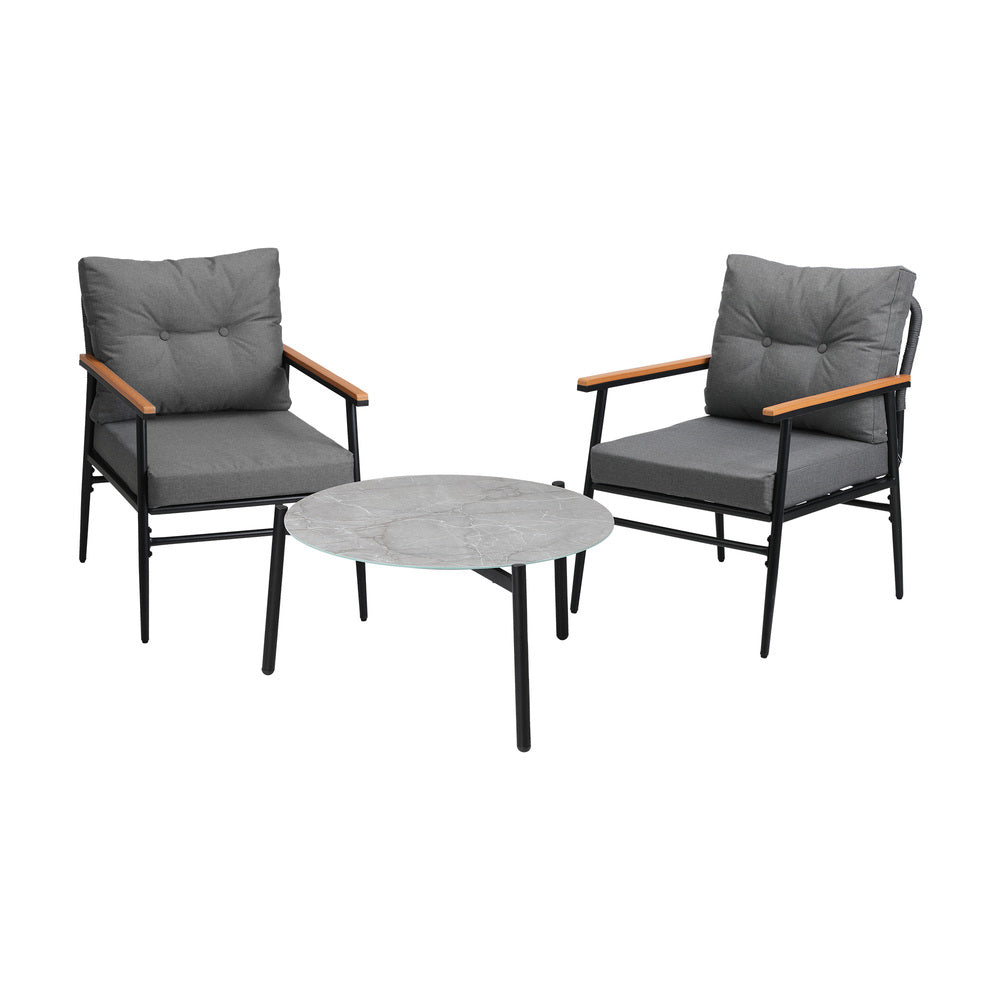 Livsip 3PC Outdoor Patio Set 70cm Table Grey and Black Armchairs-Outdoor Patio Set-PEROZ Accessories