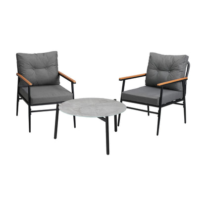 Livsip 3PC Outdoor Patio Set 70cm Table Grey and Black Armchairs-Outdoor Patio Set-PEROZ Accessories