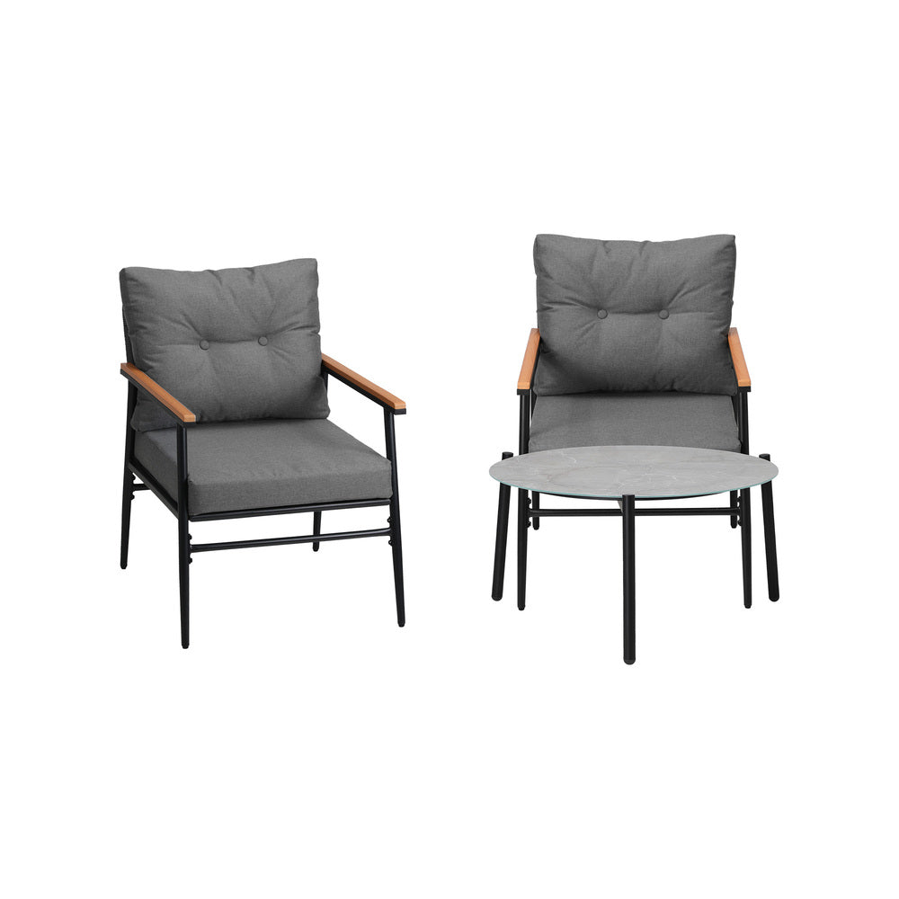 Livsip 3PC Outdoor Patio Set 70cm Table Grey and Black Armchairs-Outdoor Patio Set-PEROZ Accessories