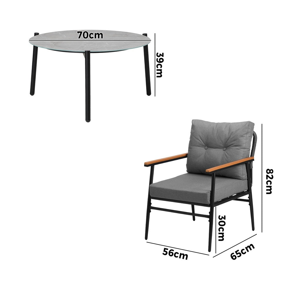 Livsip 3PC Outdoor Patio Set 70cm Table Grey and Black Armchairs-Outdoor Patio Set-PEROZ Accessories