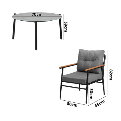 Livsip 3PC Outdoor Patio Set 70cm Table Grey and Black Armchairs-Outdoor Patio Set-PEROZ Accessories