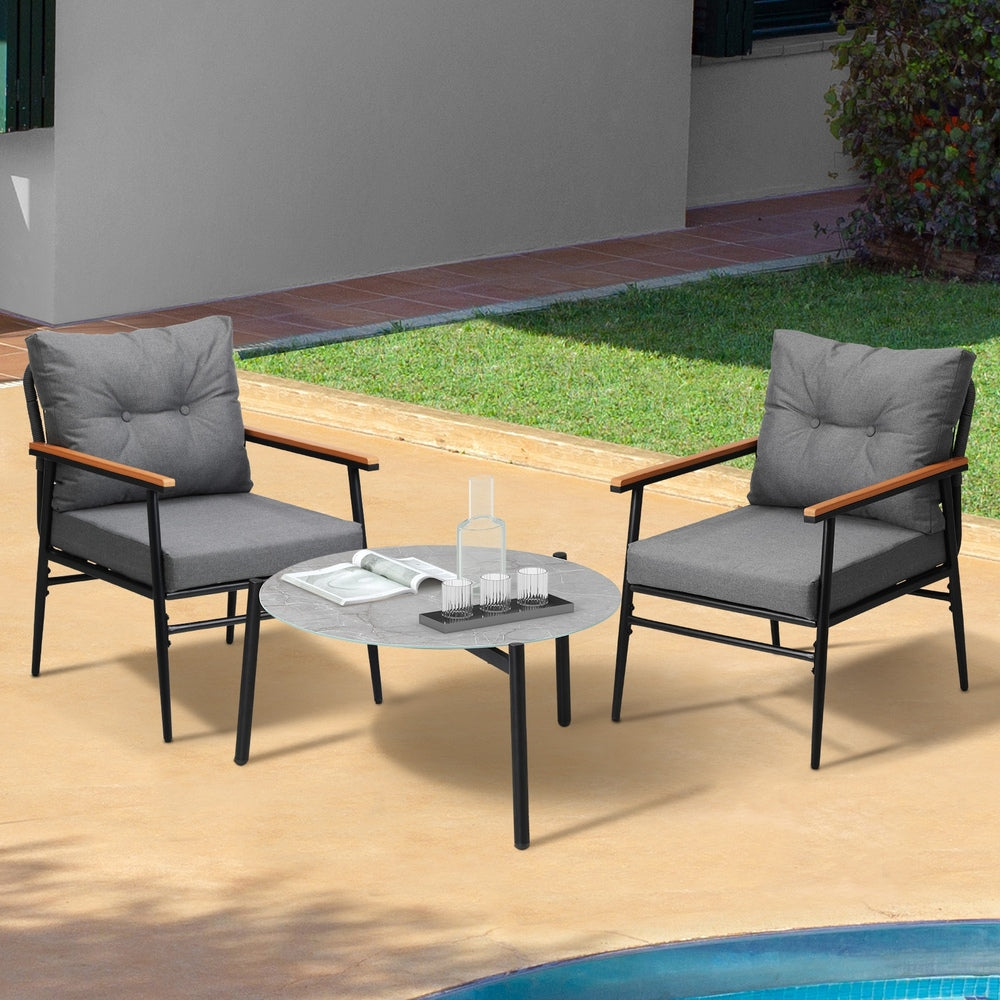 Livsip 3PC Outdoor Patio Set 70cm Table Grey and Black Armchairs-Outdoor Patio Set-PEROZ Accessories