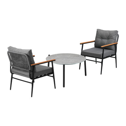 Livsip 3PC Outdoor Patio Set 70cm Table Grey and Black Armchairs-Outdoor Patio Set-PEROZ Accessories