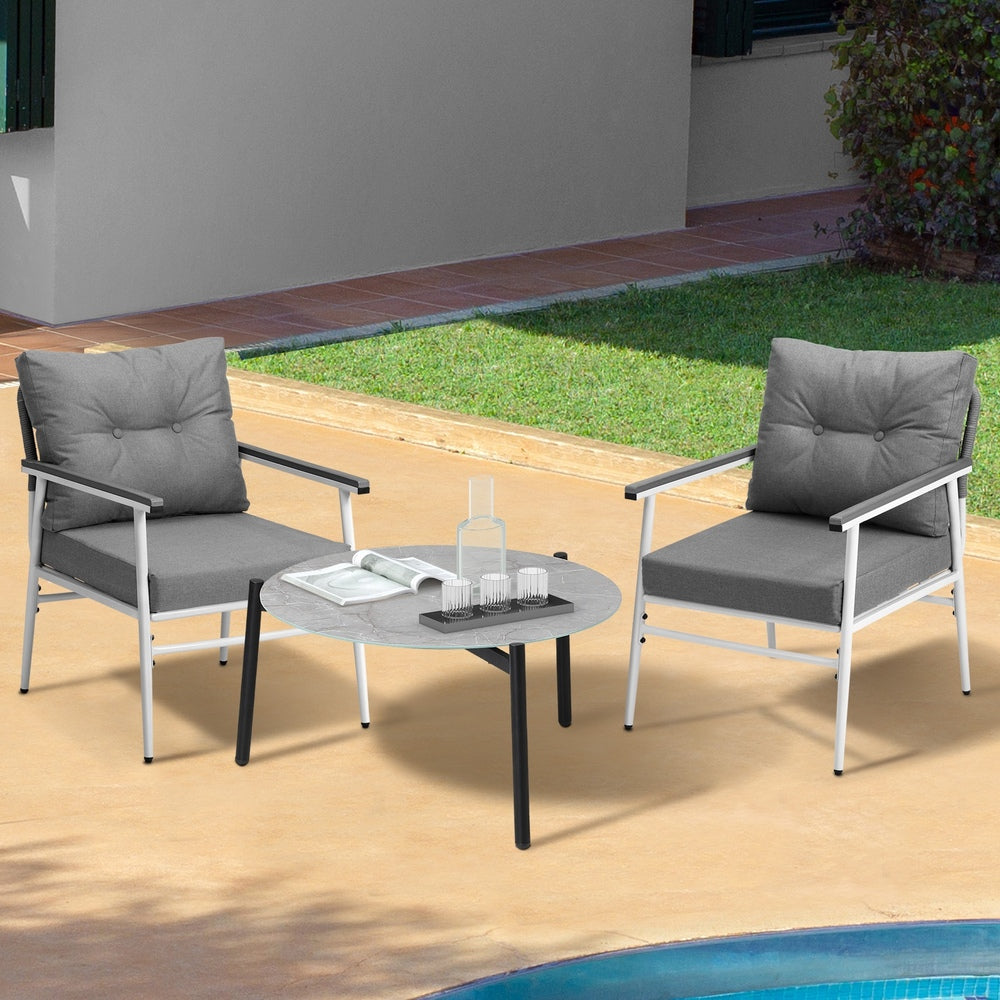 Livsip 3PC Outdoor Patio Set 70cm Table Grey and White Armchairs-Outdoor Patio Set-PEROZ Accessories
