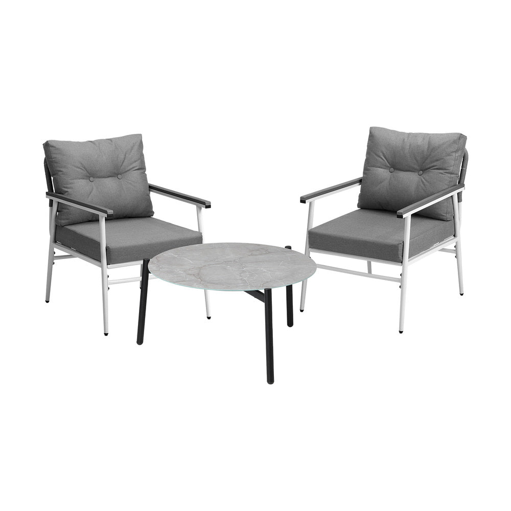 Livsip 3PC Outdoor Patio Set 70cm Table Grey and White Armchairs-Outdoor Patio Set-PEROZ Accessories