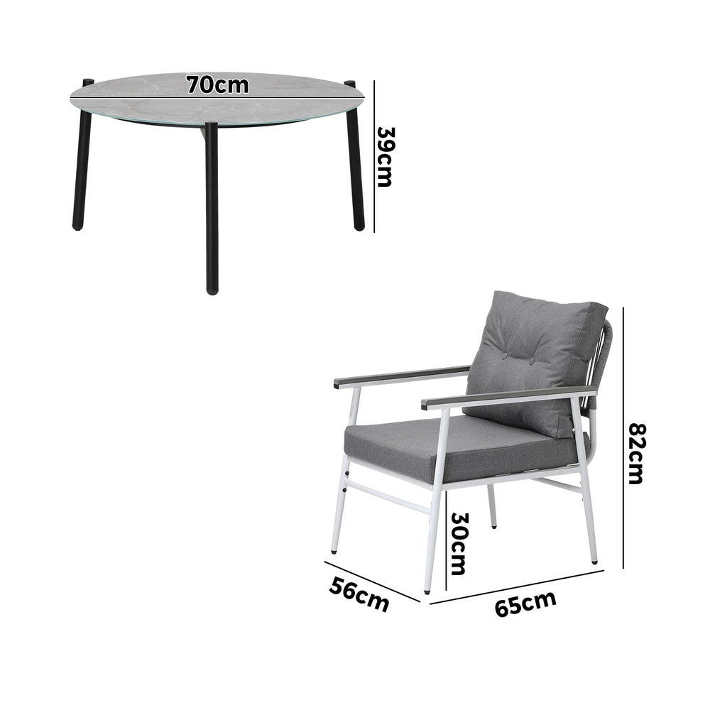 Livsip 3PC Outdoor Patio Set 70cm Table Grey and White Armchairs-Outdoor Patio Set-PEROZ Accessories