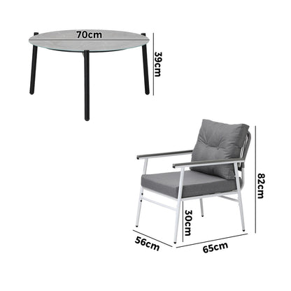 Livsip 3PC Outdoor Patio Set 70cm Table Grey and White Armchairs-Outdoor Patio Set-PEROZ Accessories