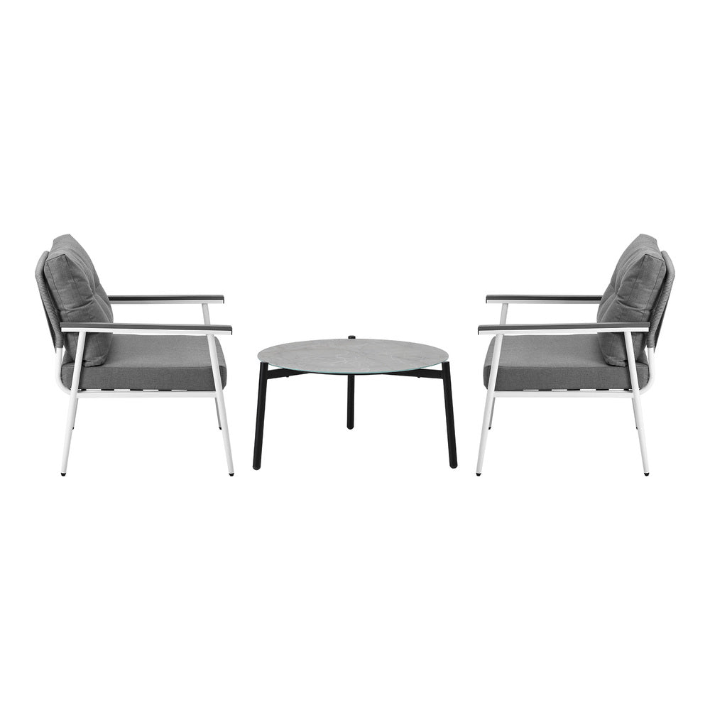 Livsip 3PC Outdoor Patio Set 70cm Table Grey and White Armchairs-Outdoor Patio Set-PEROZ Accessories