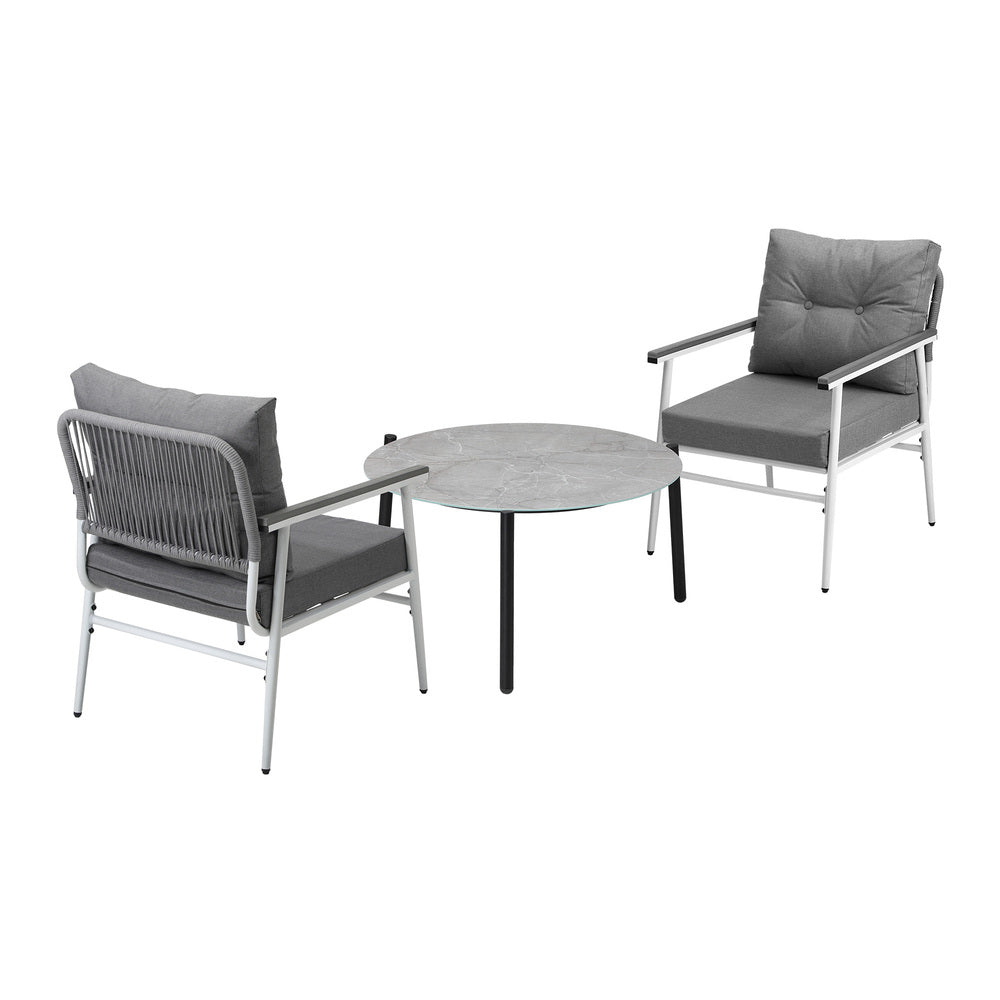 Livsip 3PC Outdoor Patio Set 70cm Table Grey and White Armchairs-Outdoor Patio Set-PEROZ Accessories