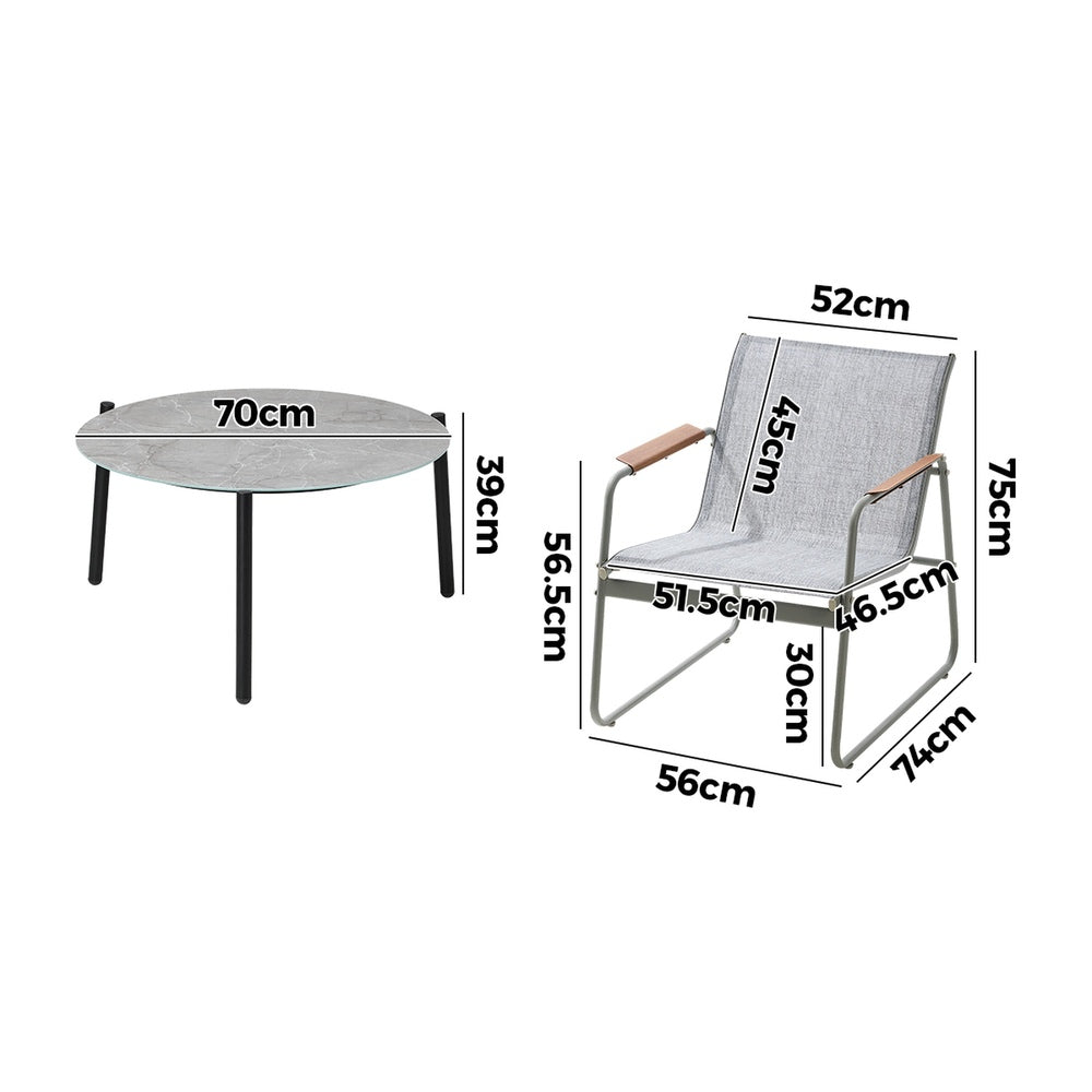 Livsip 3PCS Outdoor Bistro Set Patio Chair 70cm Grey Table Textilene-Outdoor Patio Set-PEROZ Accessories