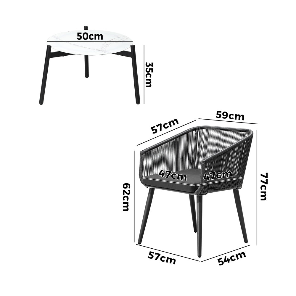 Livsip 3PCS Outdoor Lounge Set 50cm Coffee Table Polyester Chair Rope-Outdoor Patio Set-PEROZ Accessories