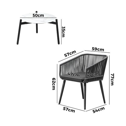 Livsip 3PCS Outdoor Lounge Set 50cm Coffee Table Polyester Chair Rope-Outdoor Patio Set-PEROZ Accessories