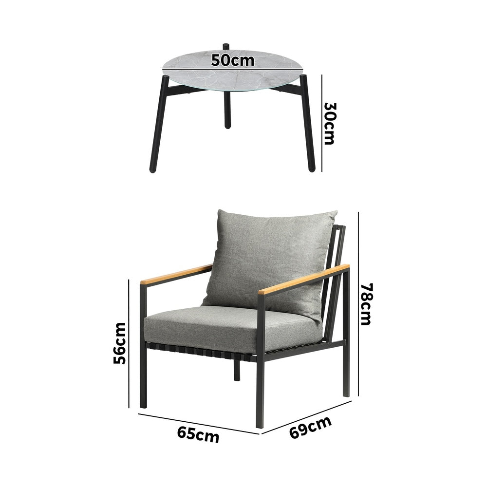 Livsip 3PCS Outdoor Lounge Set Grey 50cm Coffee Table Chairs-Outdoor Patio Set-PEROZ Accessories