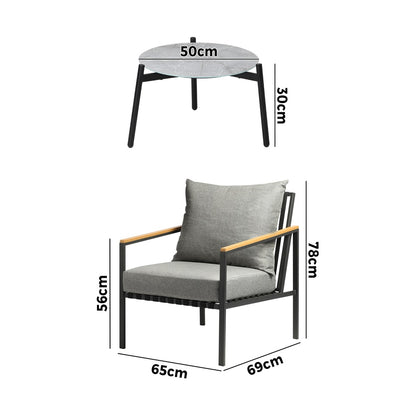 Livsip 3PCS Outdoor Lounge Set Grey 50cm Coffee Table Chairs-Outdoor Patio Set-PEROZ Accessories