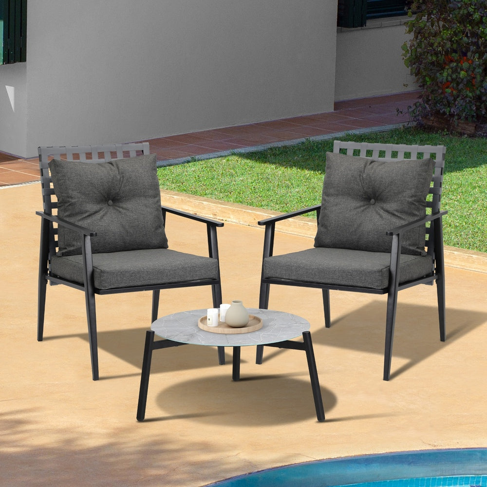 Livsip 3PCS Outdoor Patio Set 50CM Grey Marble Table Rattan Chairs-Outdoor Patio Set-PEROZ Accessories