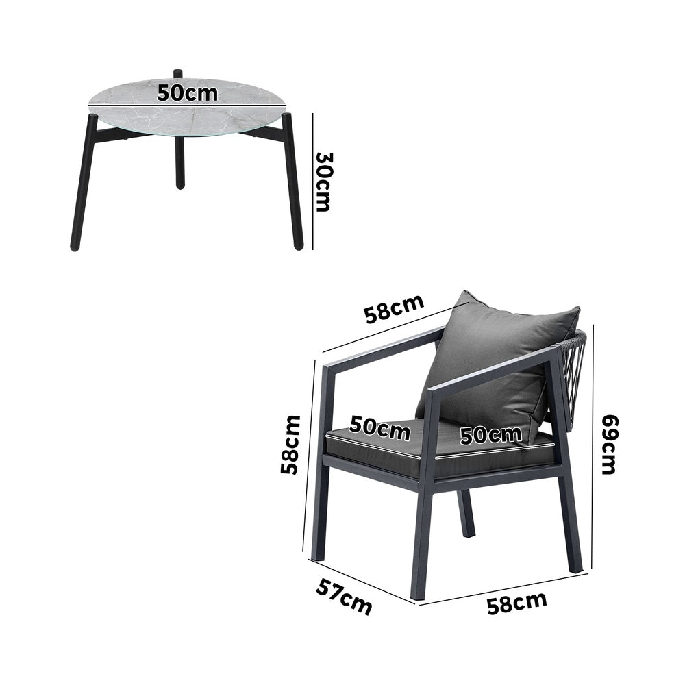Livsip 3PCS Outdoor Patio Set 50cm Coffee Table Grey Chairs-Outdoor Patio Set-PEROZ Accessories