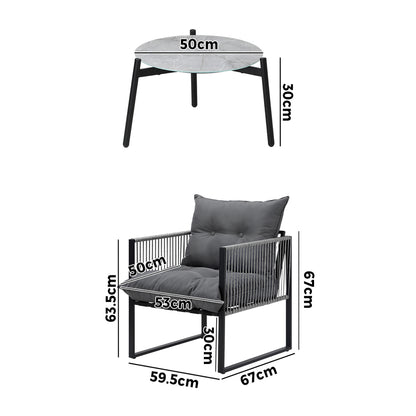 Livsip 3PCS Outdoor Patio Set 50cm Grey Table Cushioned Armchairs-Outdoor Patio Set-PEROZ Accessories
