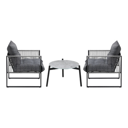 Livsip 3PCS Outdoor Patio Set 50cm Grey Table Cushioned Armchairs-Outdoor Patio Set-PEROZ Accessories