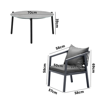 Livsip 3PCS Outdoor Patio Set 70cm Coffee Table Grey Chairs-Outdoor Patio Set-PEROZ Accessories