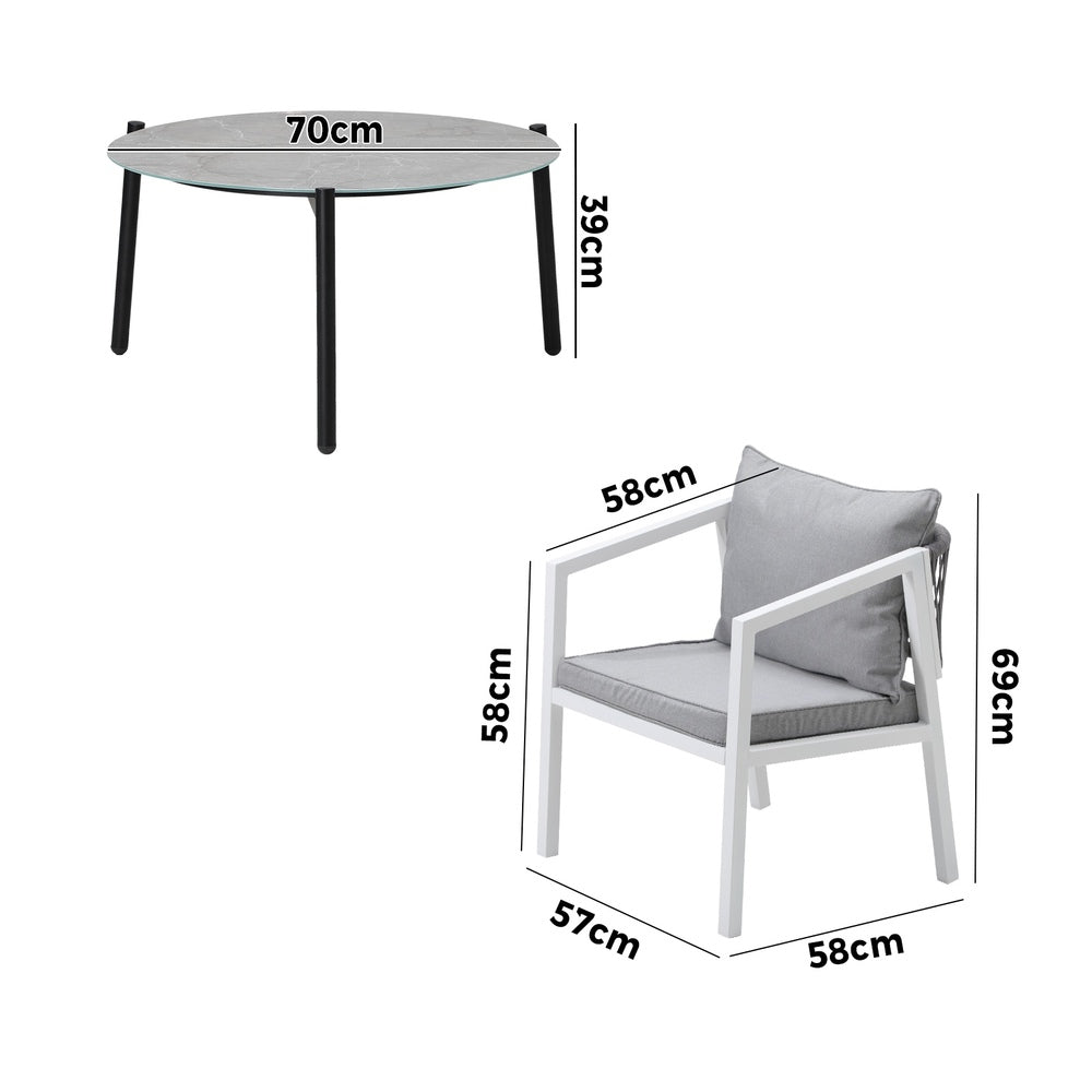 Livsip 3PCS Outdoor Patio Set 70cm Coffee Table White Chairs-Outdoor Patio Set-PEROZ Accessories