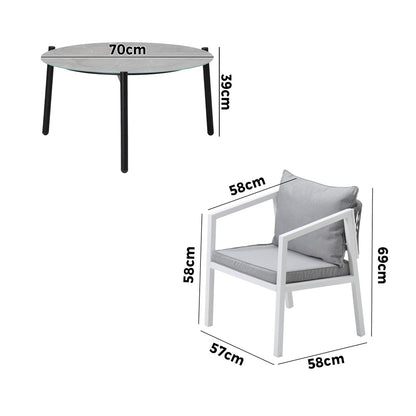 Livsip 3PCS Outdoor Patio Set 70cm Coffee Table White Chairs-Outdoor Patio Set-PEROZ Accessories