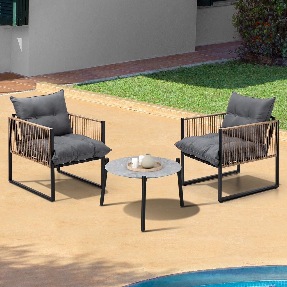 Livsip 3PCS Outdoor Patio Set Grey 50cm Coffee Table Rattan Chairs-Outdoor Patio Set-PEROZ Accessories