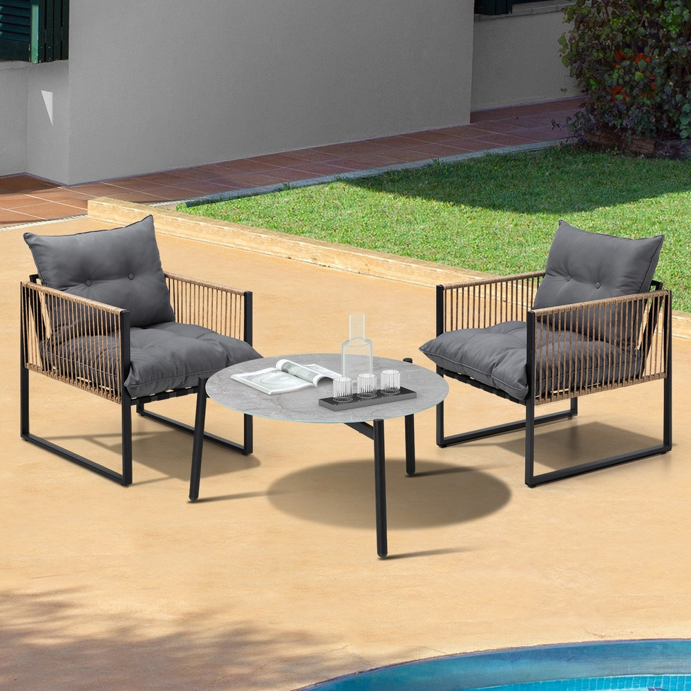 Livsip 3PCS Outdoor Patio Set Grey 70cm Coffee Table Rattan Chairs-Outdoor Patio Set-PEROZ Accessories